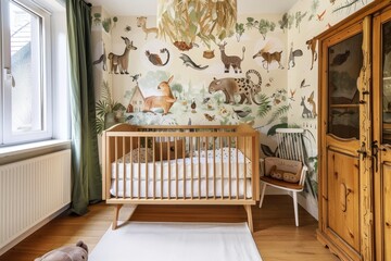 a baby's room with animals on the wallpaper and wooden furniture, including a cribe bed, Generative AI