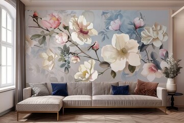 Modern living room interior, beautiful floral mural, flowers on wall, Generative AI
