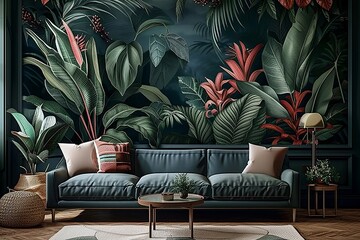 living room interior with sofa, Red and green leaves, Classic tropical plant wallpaper, high quality, Generative AI