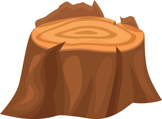 Brown tree stump showing growth rings, isolated on white background