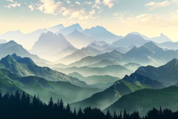 Fototapeta premium Beautiful mountains landscape. Nature background. illustration for backdrops, banners, prints, posters, murals and wallpaper design, Generative AI