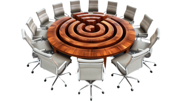 conference table designed like a maze with empty office chairs, transparent png background