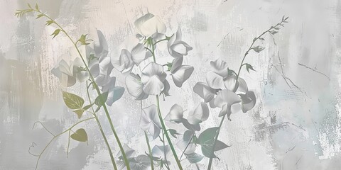 Sweet peas. Graphic white wildflowers painted on the abstract grunge wall. Floral background in loft, modern style. Design for wall mural, card, postcard, wallpaper, photo, Generative AI