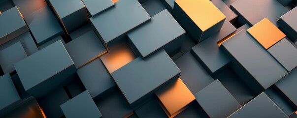 Abstract 3D geometric background with randomly arranged gray and orange cubes, creating a modern and dynamic visual effect.