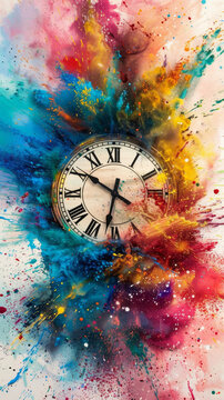 Colorful explosion around vintage clock, art concept