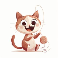 Obraz premium Cat character, playing with yarn pose, excited expression, flat design illustration, playful, isolated on white background