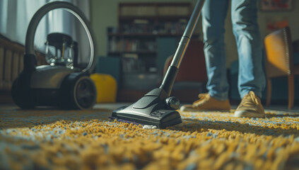 A professional carpet cleaning service is using high technology to deep clean the living room floor in an apartment with modern furniture