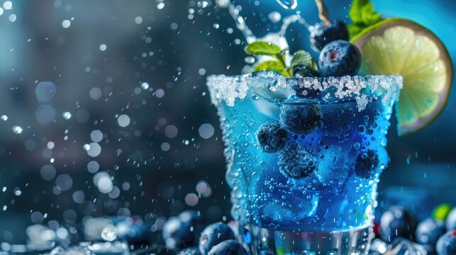 Blue berry cocktail images with water droplets Refreshing summer alcoholic drinks like Blue Lagoon Frostbite and Margarita