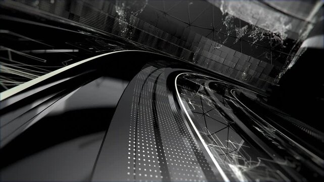 technology and information breaking news intro 3d animation in black and white scene with glowing high tech details for broadcast and internet tv channel