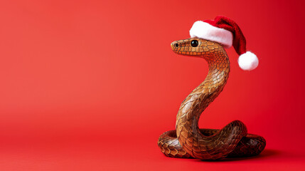 Cobra snake wearing a christmas santa hat on a red background, studio shot. Holiday and festive season concept