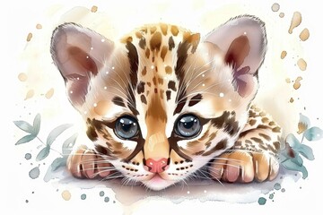 adorable, cute, funny, soft wild baby ocelot in watercolor with big eyes, Generative AI