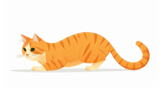 Cat character, crouching pose, focused expression, flat design illustration, hunting, isolated on white background