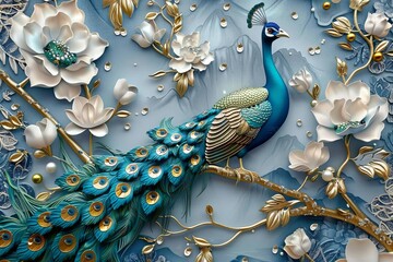 3d mural peacock illustration background with golden jewelry and flowers, Generative AI