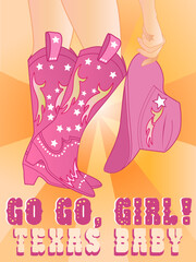 Cowgirl boots and cowgirl hat vector poster. Y2k cowboy aesthetic pink modern design with Texas girl slogan. Go go girl western retro poster