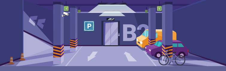 Underground parking garage with parked cars cctv cameras and elevator illustration © nsit0108