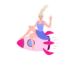 Woman flying on rocket, entrepreneur, business, startup concept. Motivation, development and success launch. Explore new way to growth. Vector Illustration for printing, backgrounds and packaging.