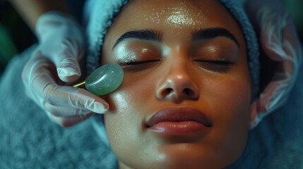 Spa therapist using a jade roller on a client, Spa treatments, Skin rejuvenation and massage