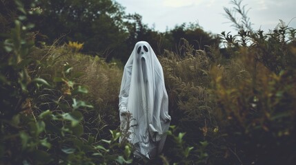 White Ghost. Man in Ghost Costume. Bedsheet Outfit. Happy Halloween. Dark Spirit. Halloween Celebration