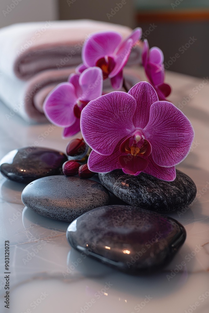 Poster smooth stones and delicate orchids create a tranquil scene. ai.