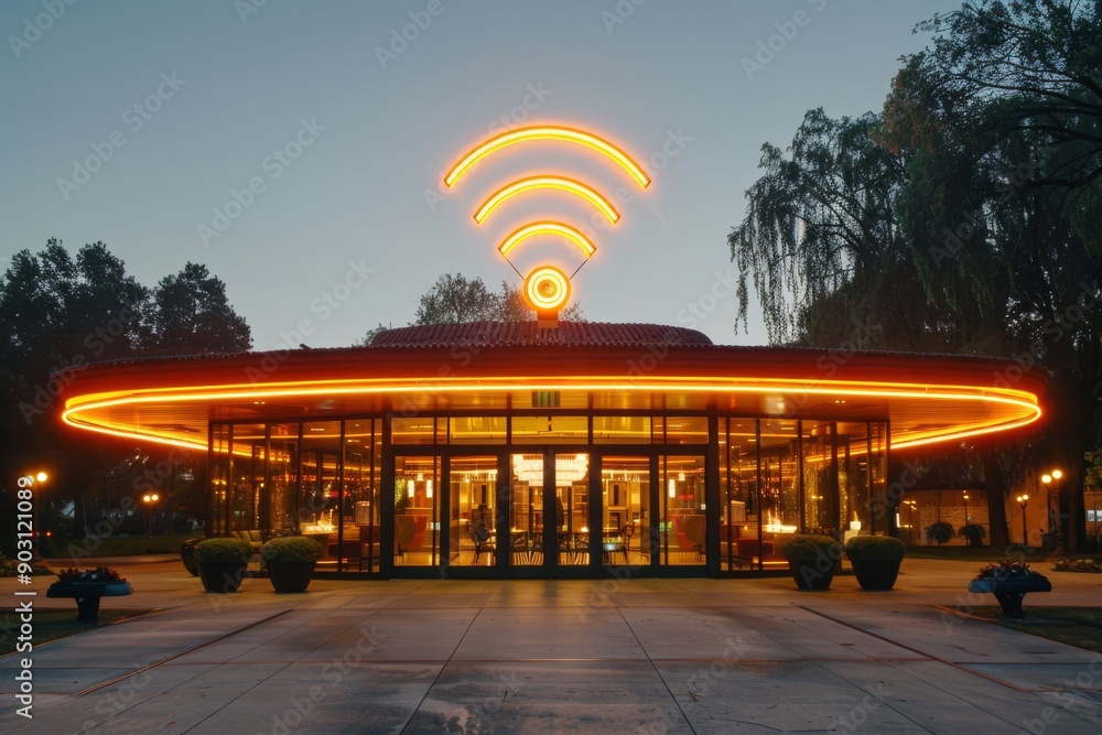 Poster neon wi fi symbol above a modern building representing advanced wireless connectivity and smart tech