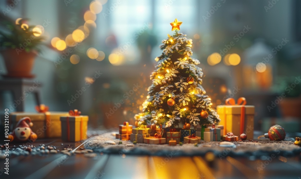 Sticker A Christmas tree decorated with lights and ornaments sits surrounded by gifts. AI.