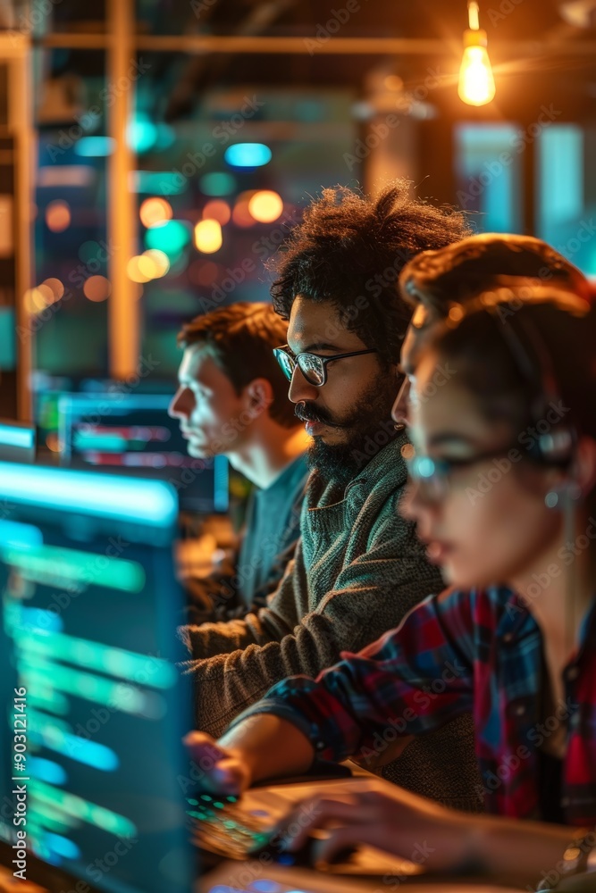 Poster diverse programmers collaborating in a modern, brightly lit office space