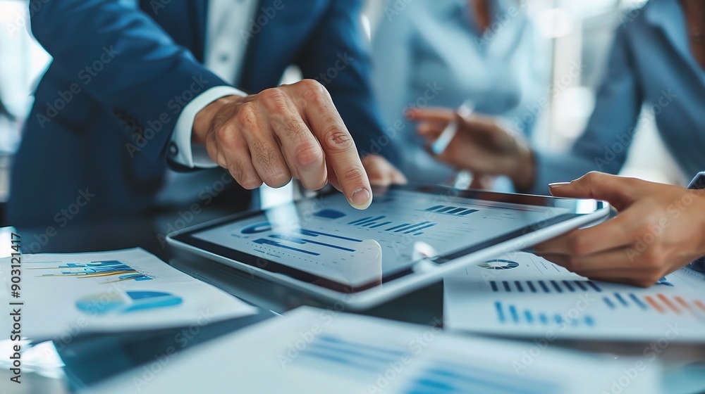 Poster business meeting: close-up of a businessman's hand pointing to a tablet displaying financial data du