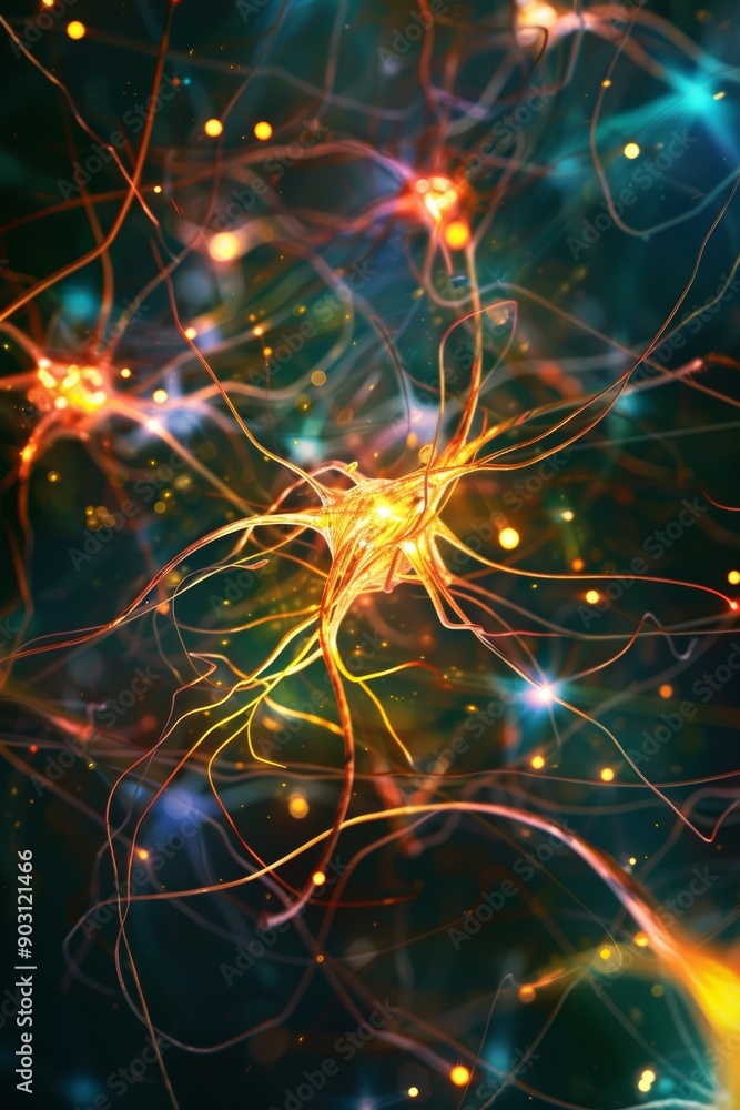 Poster vibrant neural activity: dynamic imagery of neurons firing with light effects in a dark background