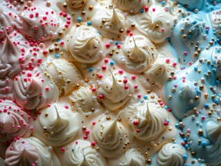 A close-up of a cake with white frosting and colorful sprinkles. AI.