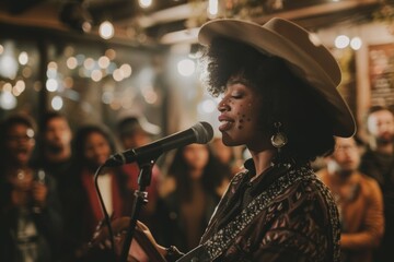 Female Musician Performing Live at Album Launch Event with Engaged Audience