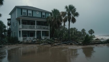 Obraz premium The aftermath of a storm, showing a residential area with palm trees and homes surrounded by floodwaters, debris, and a car navigating the submerged street.