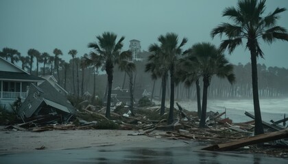 The aftermath of a storm, showing a residential area with palm trees and homes surrounded by floodwaters, debris, and a car navigating the submerged street.