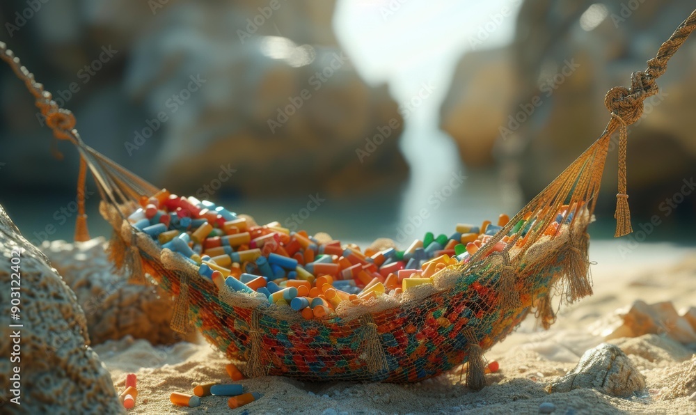 Poster a hammock filled with colorful objects on a sandy beach. ai.