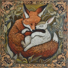 Fototapeta premium a fox and a rabbit cuddling together - wood block print with an ornate border