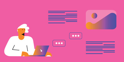 Technology abstract background. Work online, freelancing, education. Cartoon style. Vector illustration