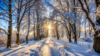 Snowy alley: snow-covered road goes into the distance, sunlight breaks through the bare branches of trees covered with frost.