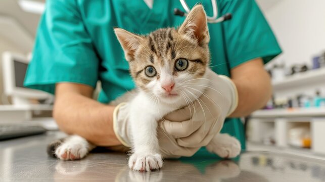 A veterinarian examines a cute kitten in a clinic, showcasing the care and attention given to pets during their check-up.