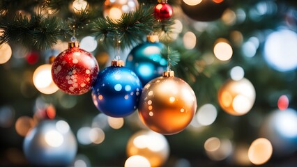 Close-up of a Christmas tree branch adorned with glossy and glittery Christmas ornaments in red, blue, and gold, with a bokeh background of warm white festive lights.