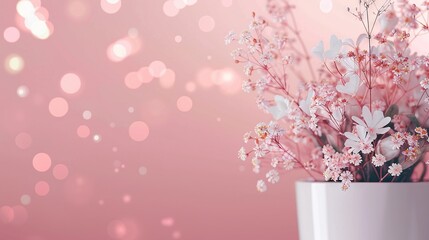  A vase with pink flowers on a pink background, illuminated by soft light