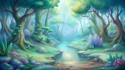 Watercolor painting of magic forest scene with a river running through it. The water is calm and the sun is shining through the trees. Background for the game