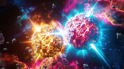 Obraz premium A digital depiction of a fiery orb amidst icy spheres on a black canvas