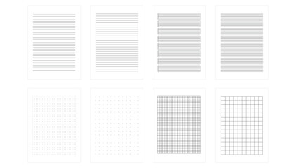 Isolated line paper page, dots and cells notebook pattern, technical blank, square graphic project texture, mockup template copybook, checkered and striped sheet background for school book in transpar