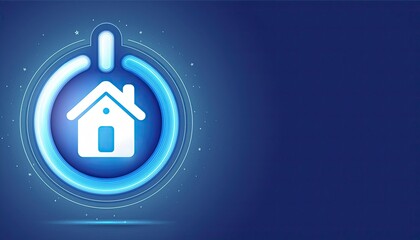 Abstract blue glowing house icon in power button shape, copy space. home and security insurance concept