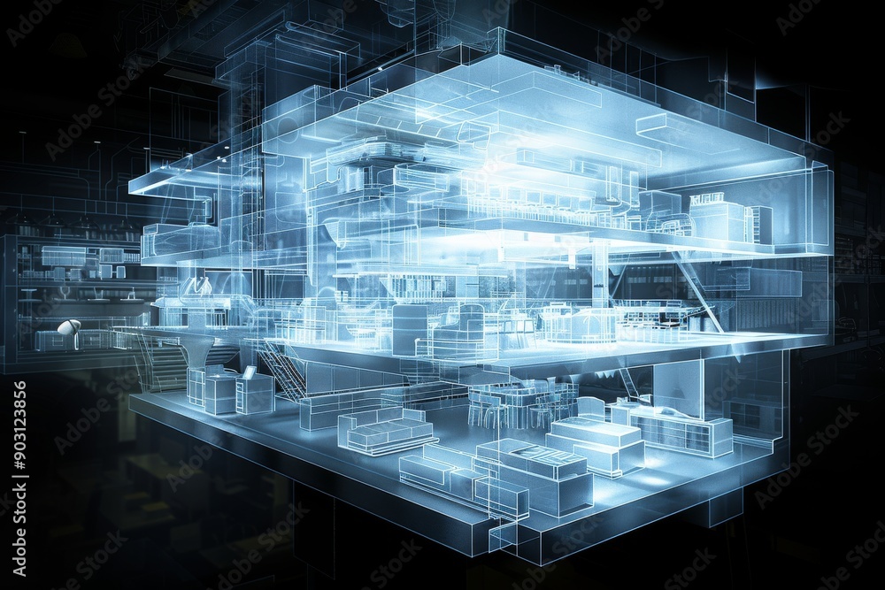 Poster digital blueprint of a modern building illustrating advanced architectural planning and design techn