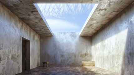   A room features a skylight above it and a bench positioned in its center across from each other