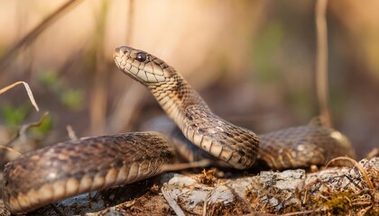 Fototapeta premium Closeup side view of aesculapian snake in wild nature on blurred background on summer day