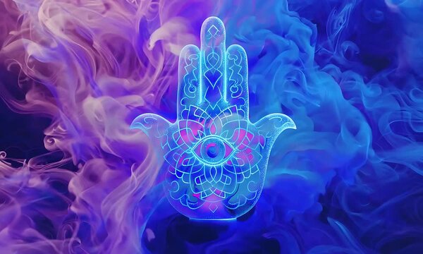 Neon Hamsa hand on blue and purple smoke background. Against Evil eye protection