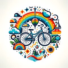 Colorful Bicycle Illustration with Rainbow and Nature Elements