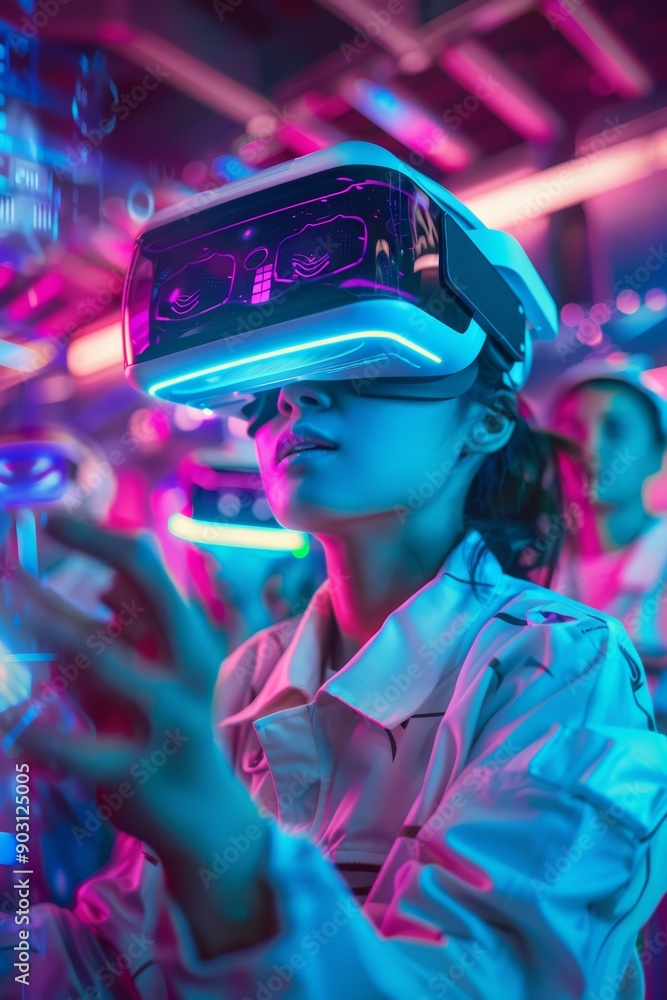 Poster innovative team testing vr headsets in high-tech futuristic lab for cutting-edge technology developm
