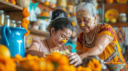 Generations Bonding Over Traditional Floral Arrangement in Cultural Setting